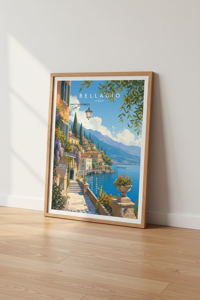 Bellagio Italy Travel Poster | Lake Como Coastal Wall Art | Mediterranean Decor