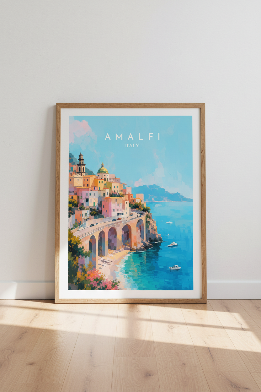 Amalfi Italy Travel Wall Art | Pastel Coastal Print, Living Room Decor Poster