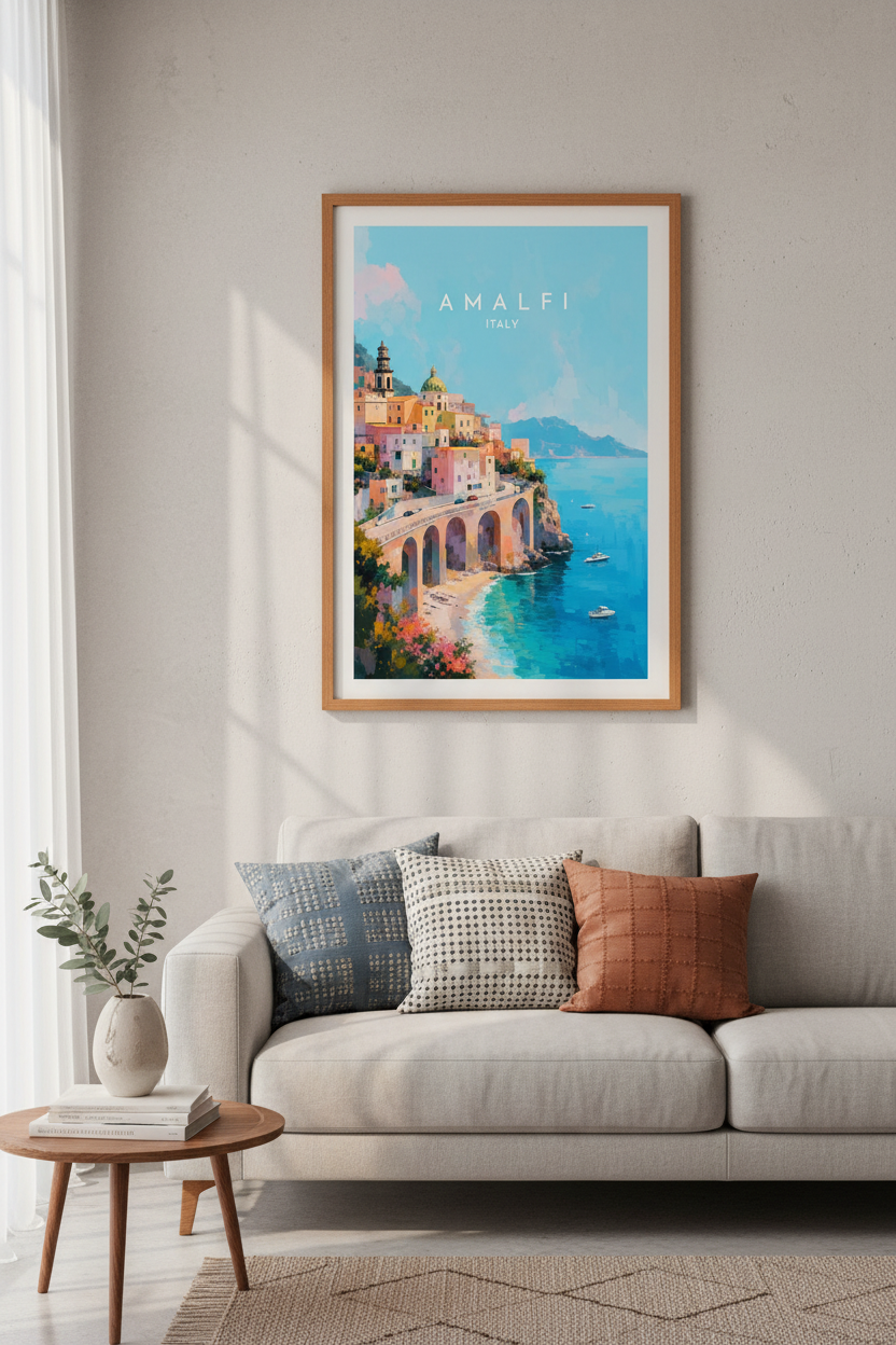 Amalfi Italy Travel Wall Art | Pastel Coastal Print, Living Room Decor Poster