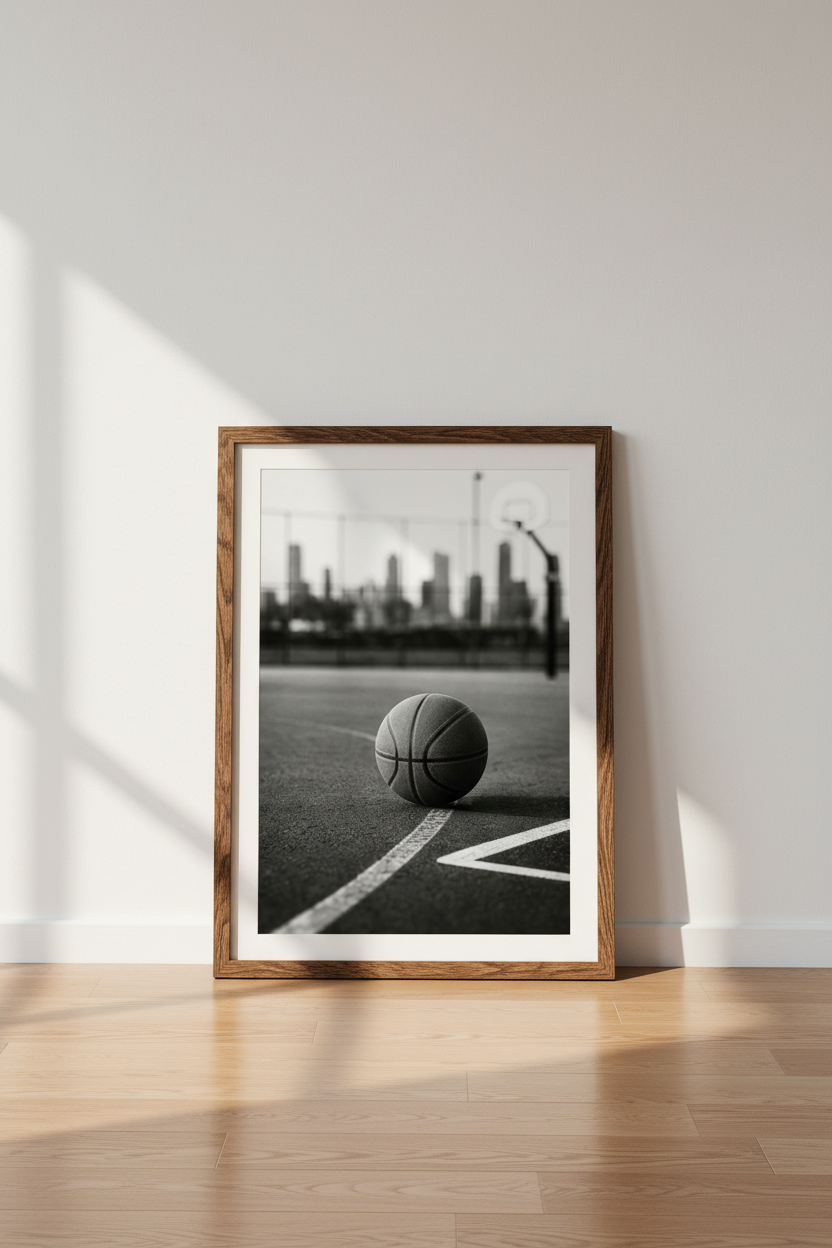 Basketball Court Wall Art Print | Urban Black & White Poster, Gym Bedroom Decor