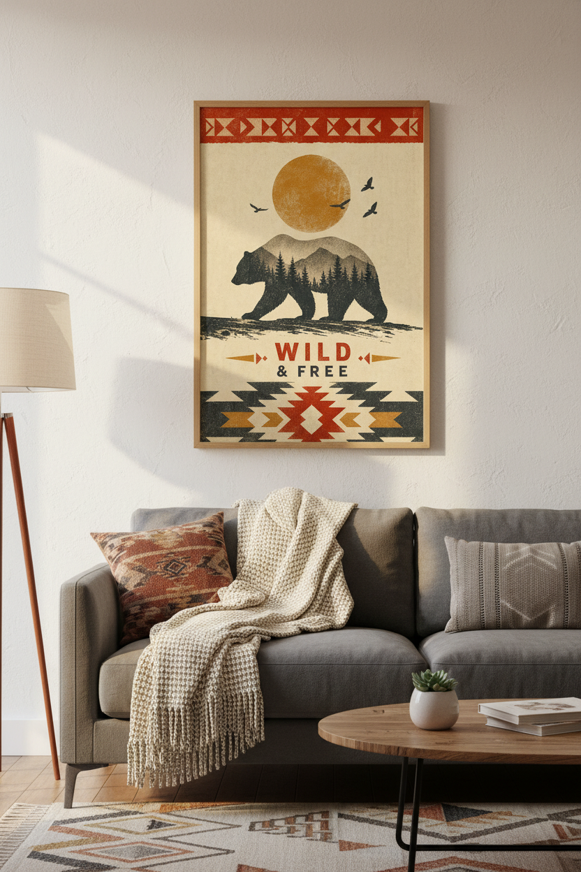 Rustic Grizzly Bear Wall Art | Southwestern Mountain Poster, Cabin & Nursery Decor