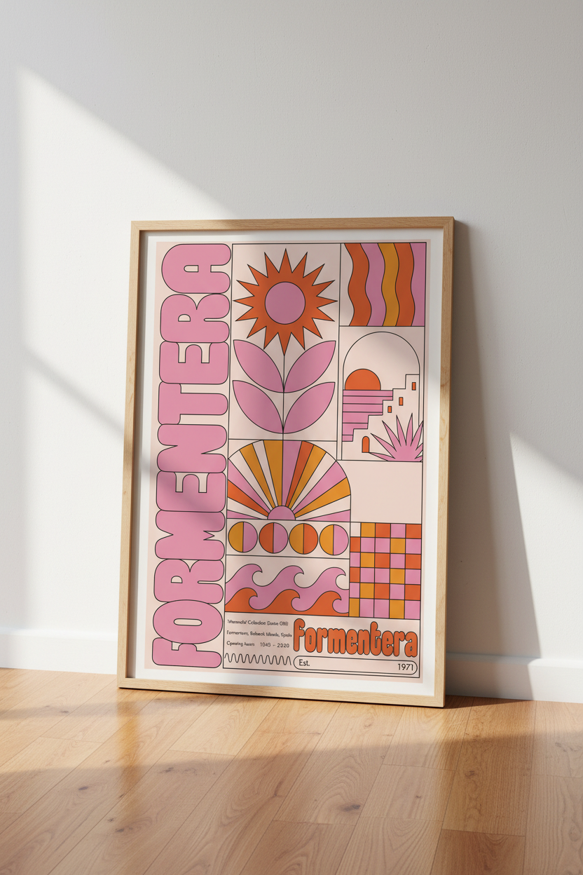 Formentera Spain Retro Travel Poster | Pink & Orange Boho Wall Art | 70s Aesthetic Print