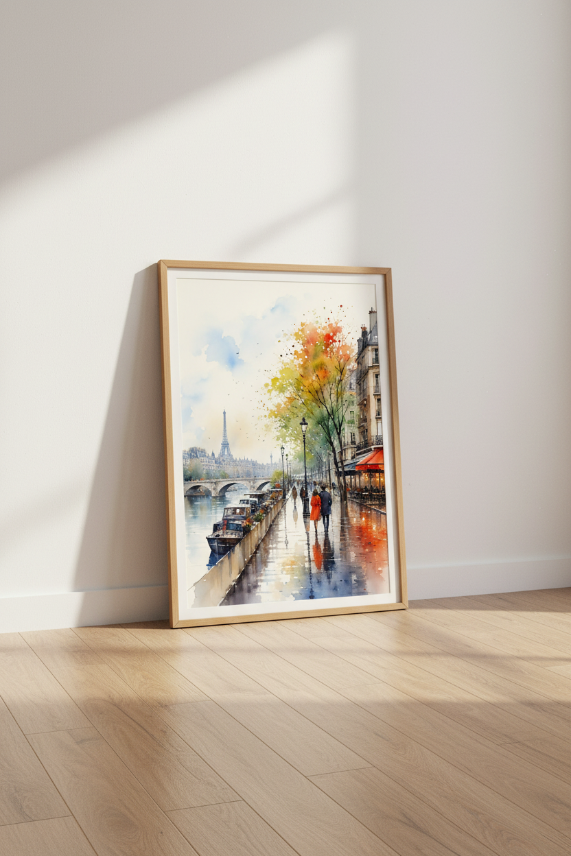 Paris Eiffel Tower Watercolor Print | Autumn Cityscape, Romantic Bedroom Wall Art Decor