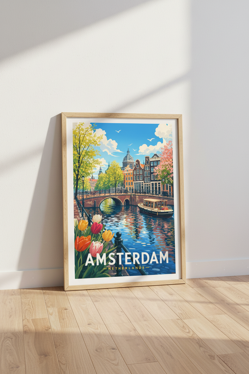 Amsterdam Canal Travel Poster | Vibrant Dutch Cityscape Print | European Aesthetic Wall