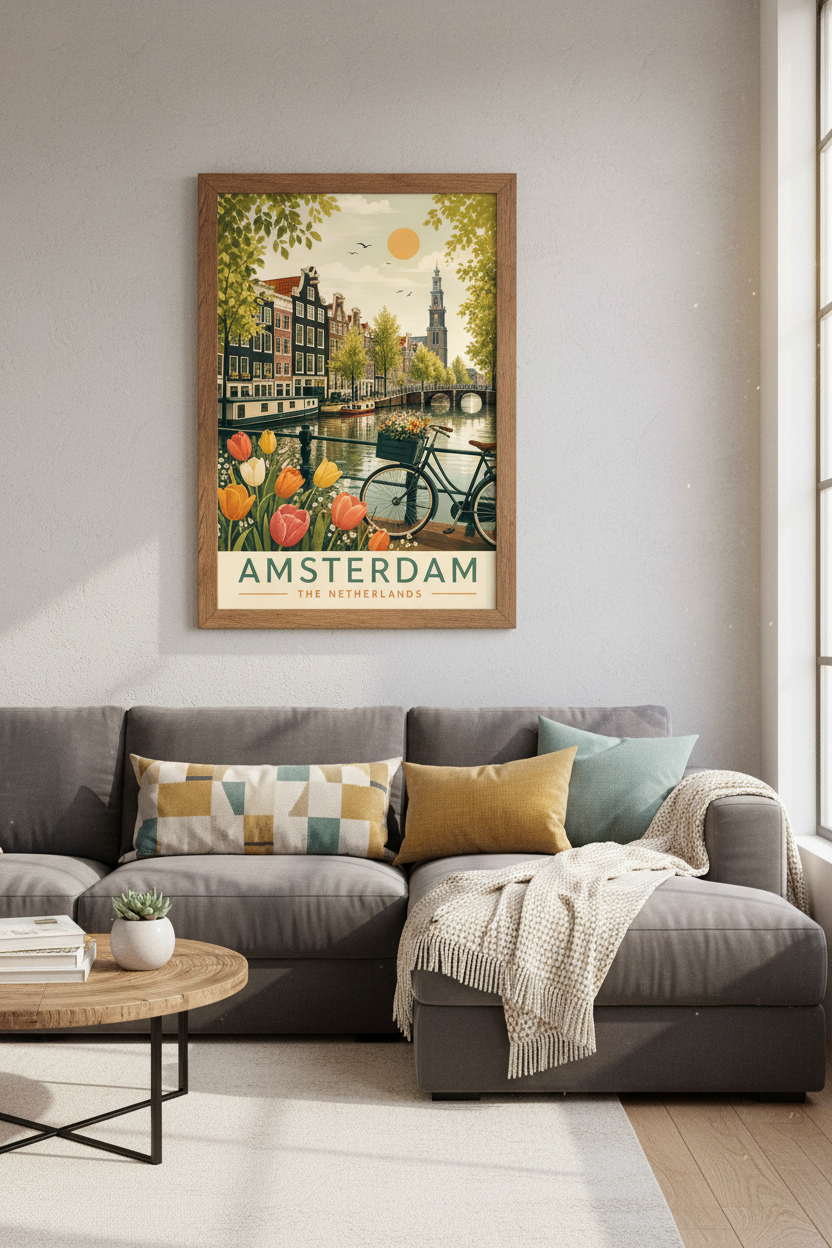 Amsterdam Canal Travel Poster | Retro Dutch Cityscape, Living Room Decor