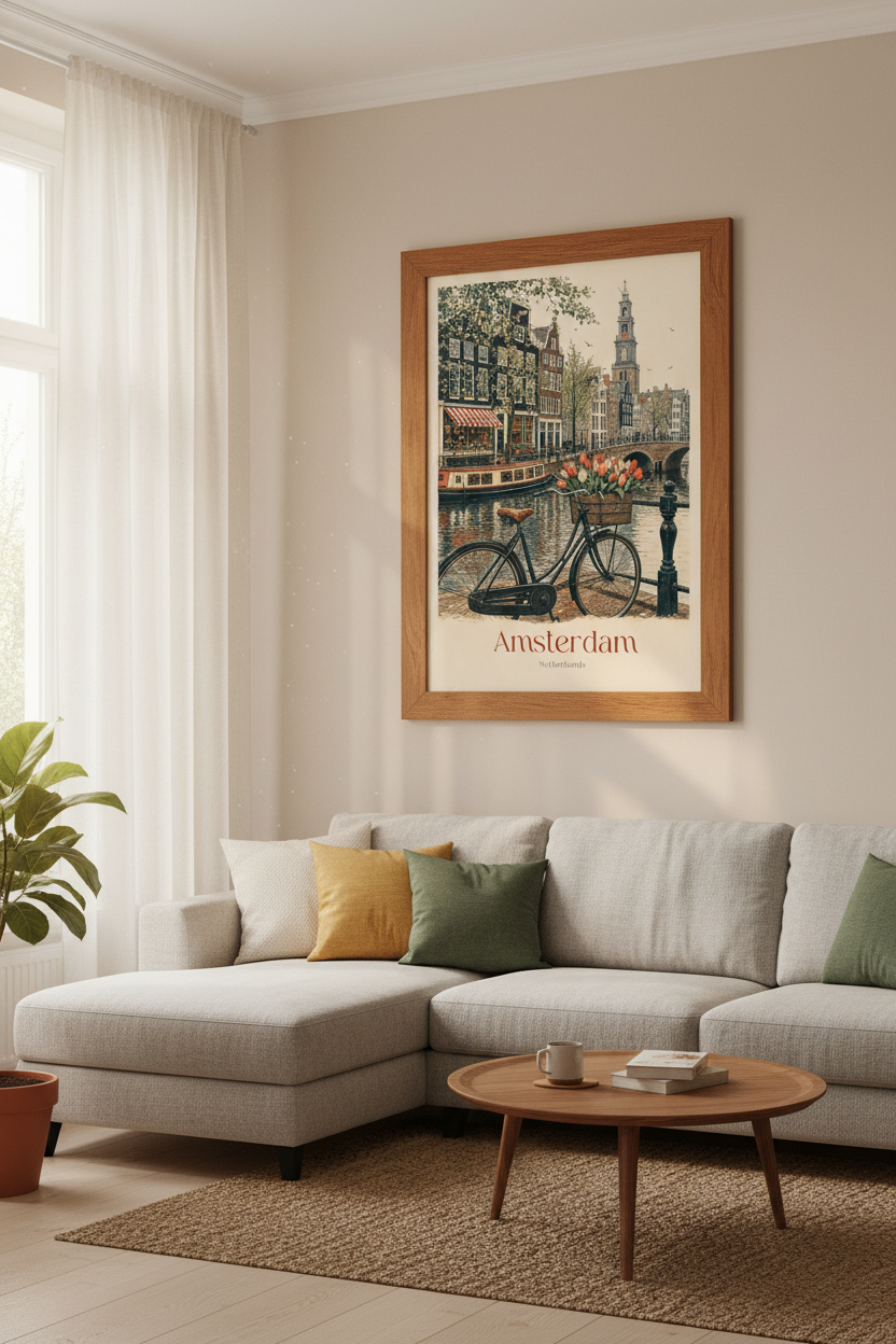 Amsterdam Canal | Vintage City Travel Poster, Floral Bike Wall Art Print