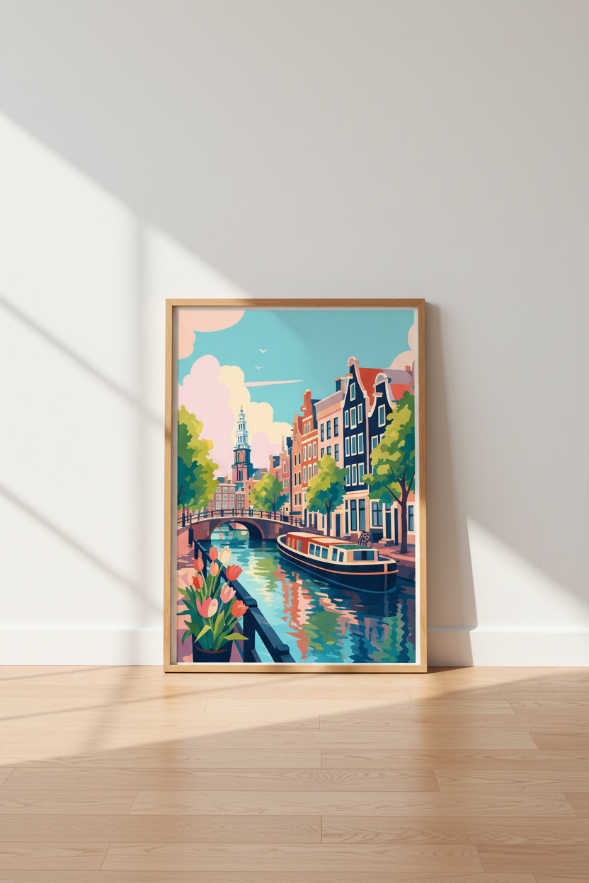 Amsterdam Canal Wall Art Print | Travel Poster Decor | Vibrant Dutch Scene