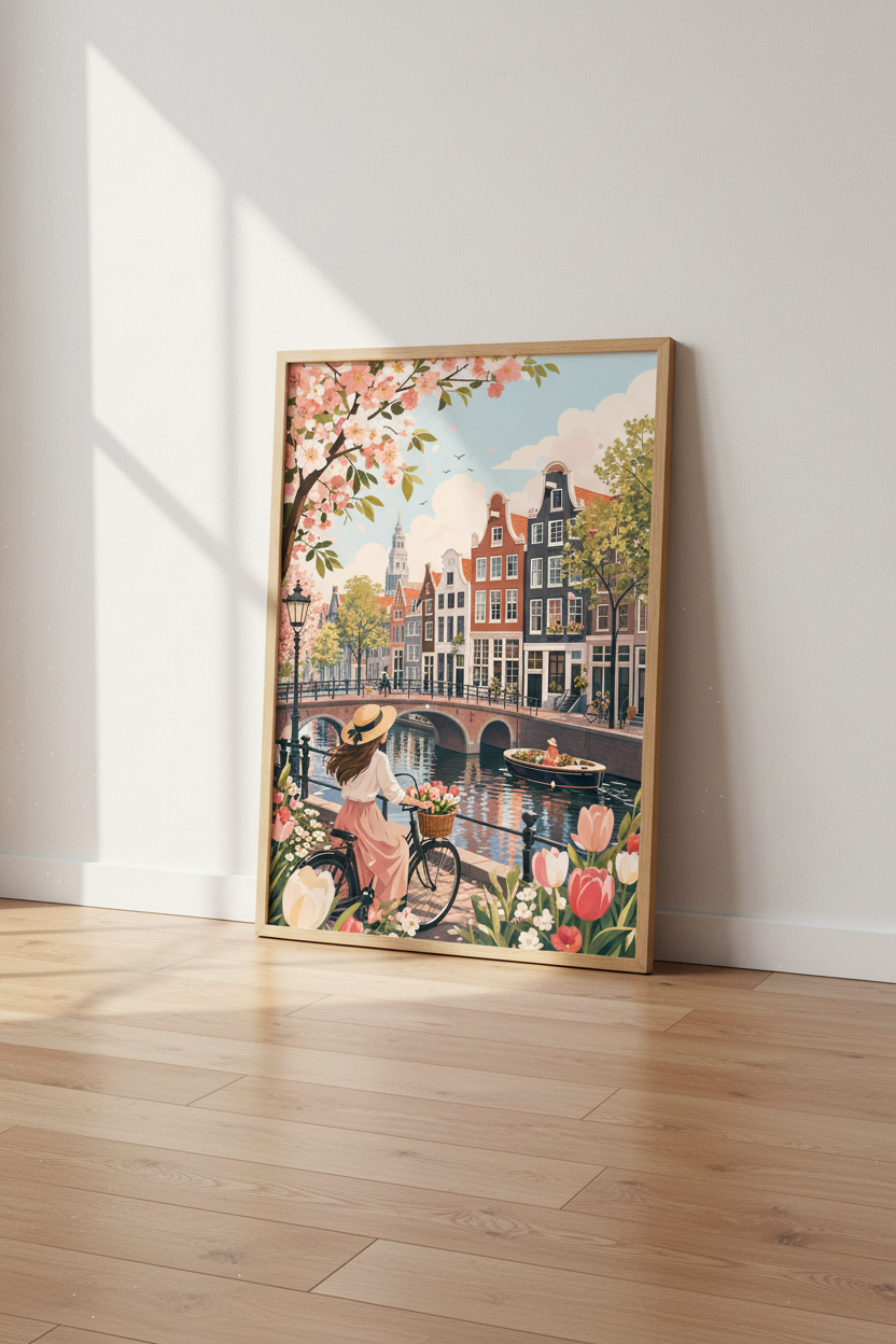 Amsterdam Canal Wall Art | Pastel Spring Cityscape, European Travel Poster