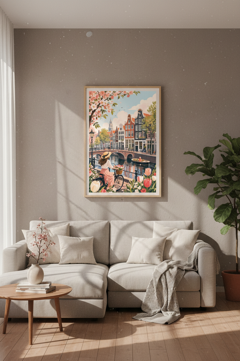 Amsterdam Canal Wall Art | Pastel Spring Cityscape, European Travel Poster