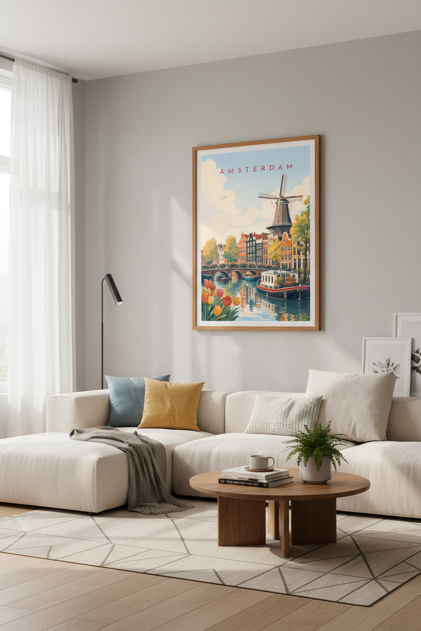 Amsterdam | Vintage Travel Poster, Dutch Canal & Windmill Wall Art Print