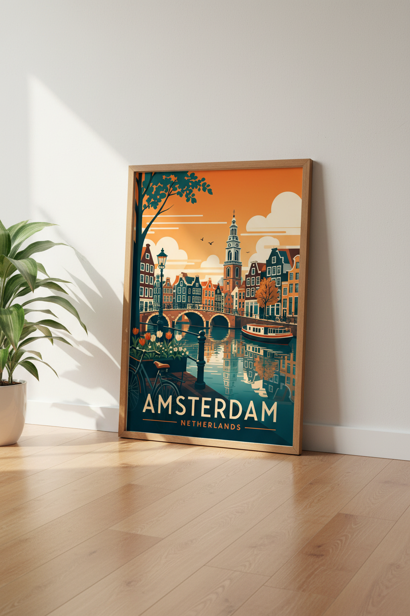 Amsterdam Canal Travel Poster | Retro Dutch Cityscape | Living Room Wall Art Print
