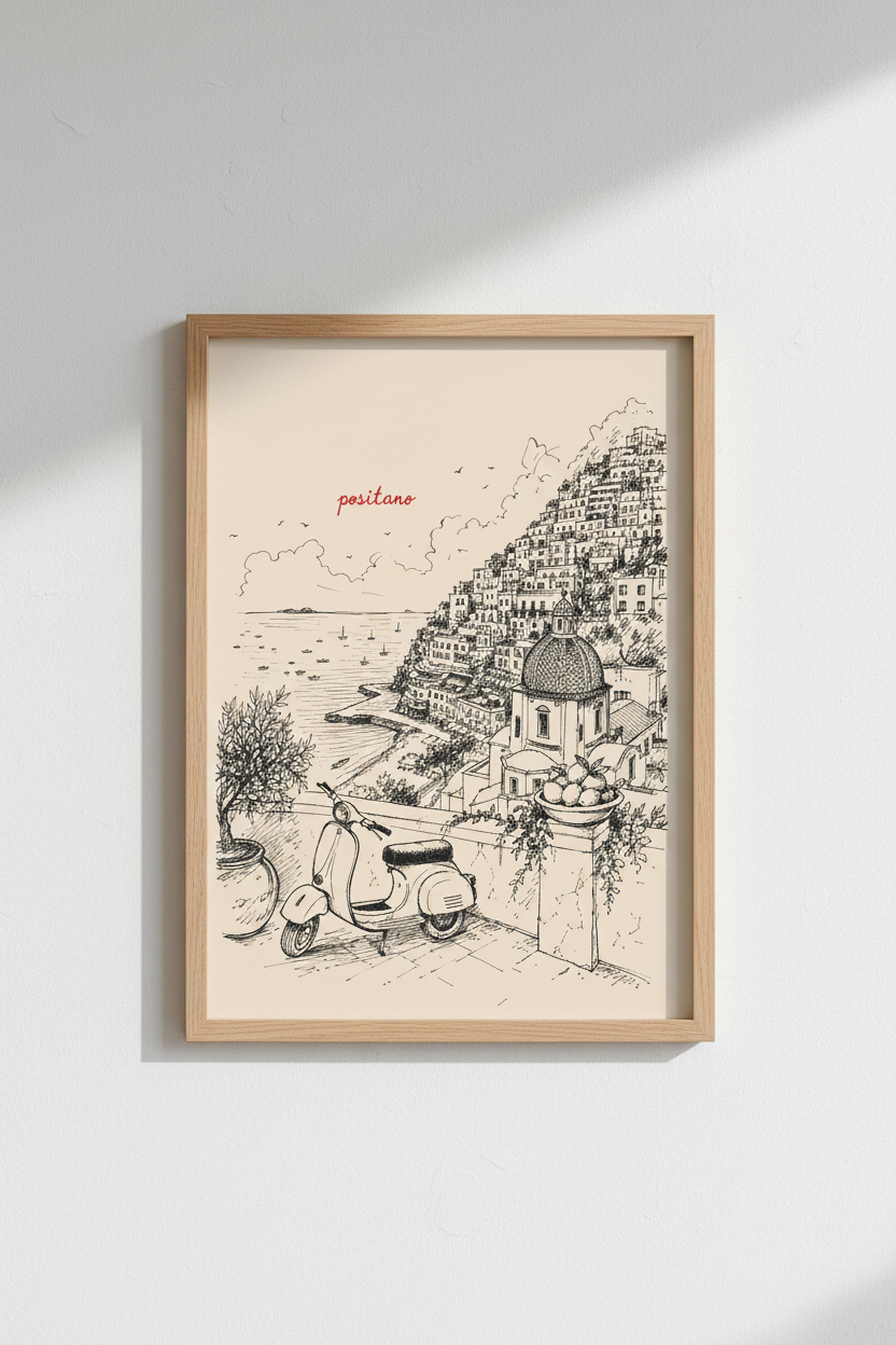 Italy Travel Poster | Positano Amalfi Coast Illustration, Minimalist Sketch Wall Art