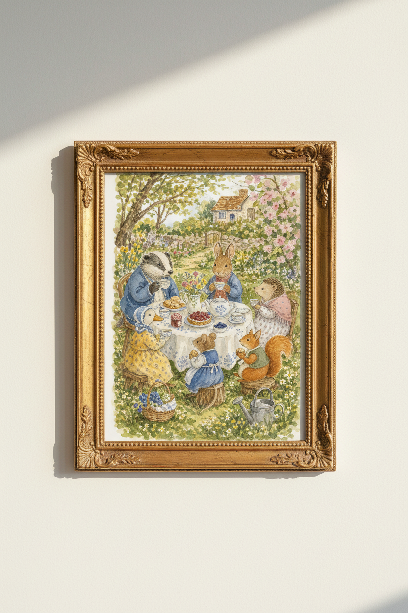 watercolor wildlife | Whimsical Garden Tea Wall Art Print | Living Room Decor | Zen Poster