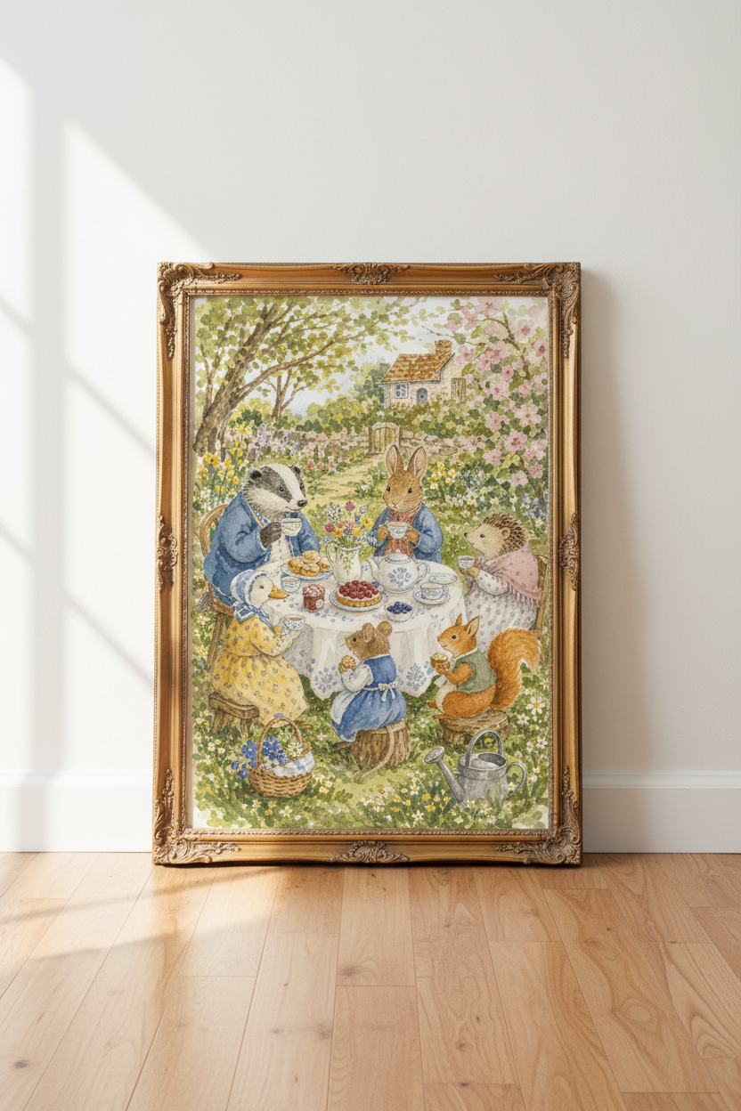 watercolor wildlife | Whimsical Garden Tea Wall Art Print | Living Room Decor | Zen Poster