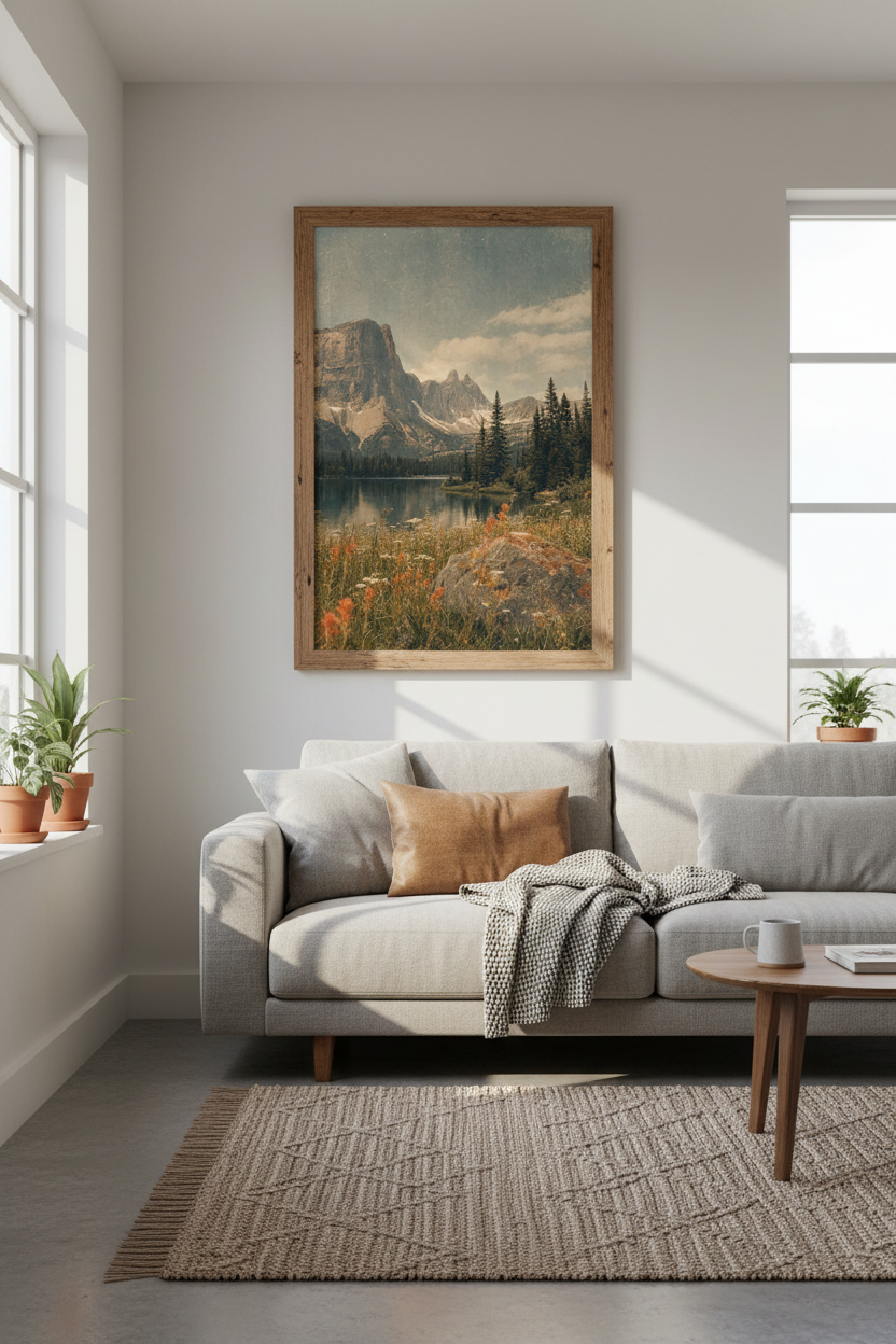 Mountain Lake Landscape | Vintage National Park Style, Rustic Cabin Wall Art