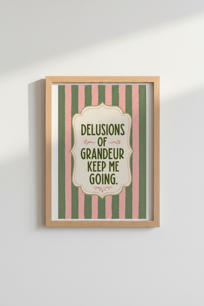 Delusions of Grandeur Quote Wall Art | Pink & Green Stripe Poster, Eclectic Home Decor