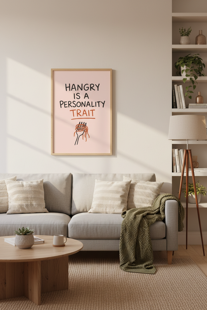 Hangry Personality Trait Kitchen Wall Art | Funny Pasta Poster | Pastel Pink Decor