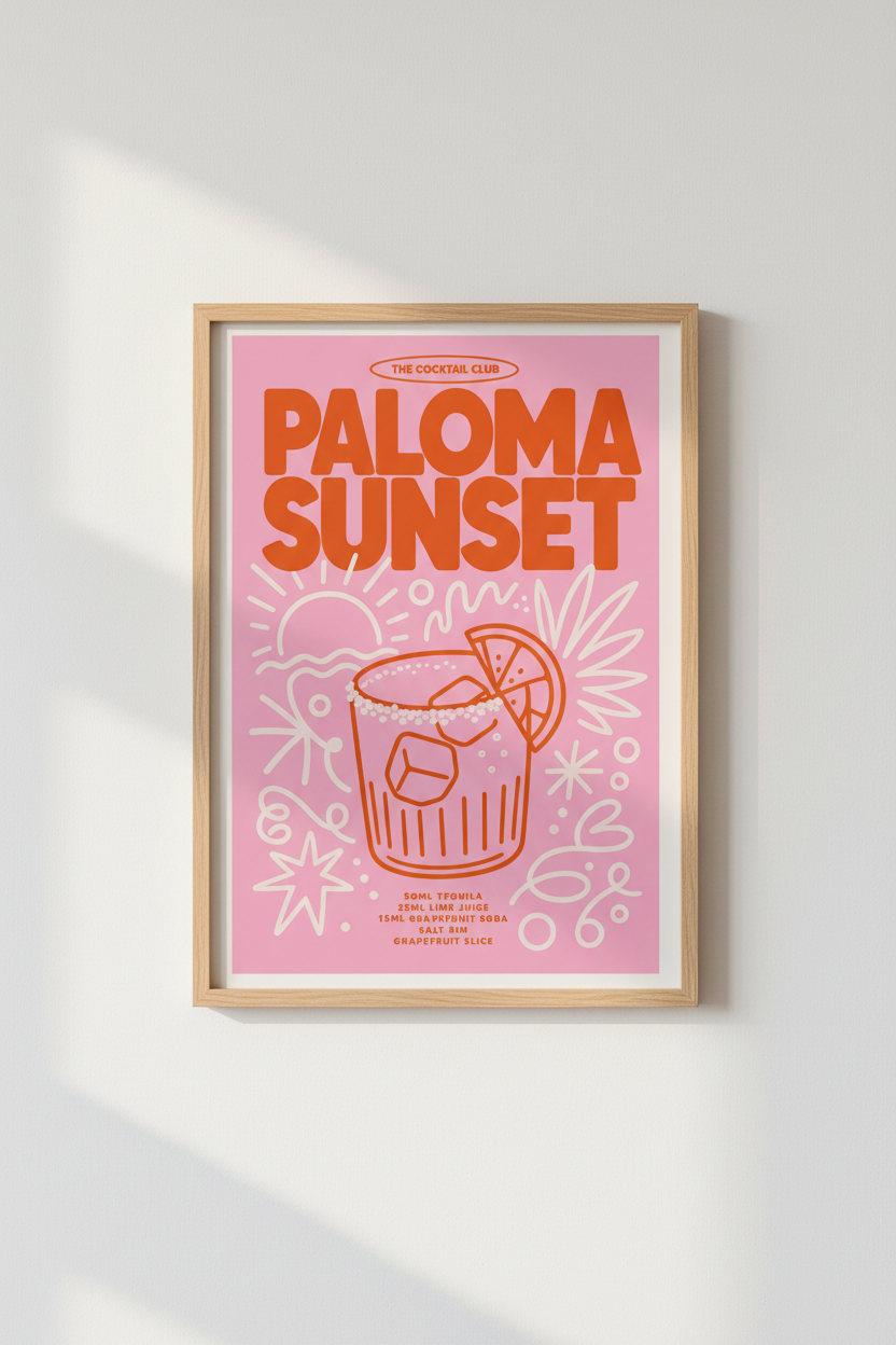 Paloma Sunset Cocktail Wall Art | Retro Pink & Orange Poster | Kitchen Bar Decor