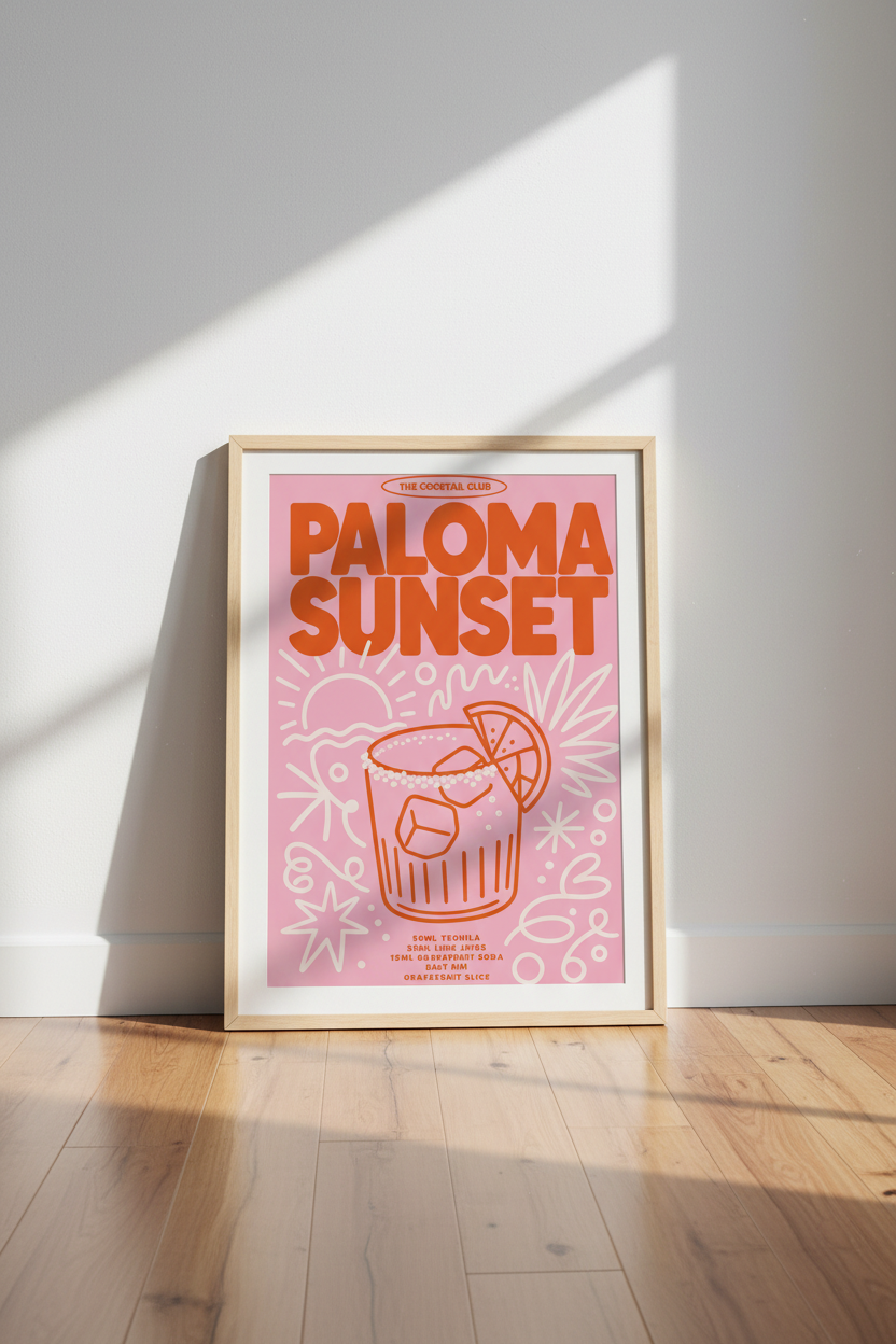 Paloma Sunset Cocktail Wall Art | Retro Pink & Orange Poster | Kitchen Bar Decor