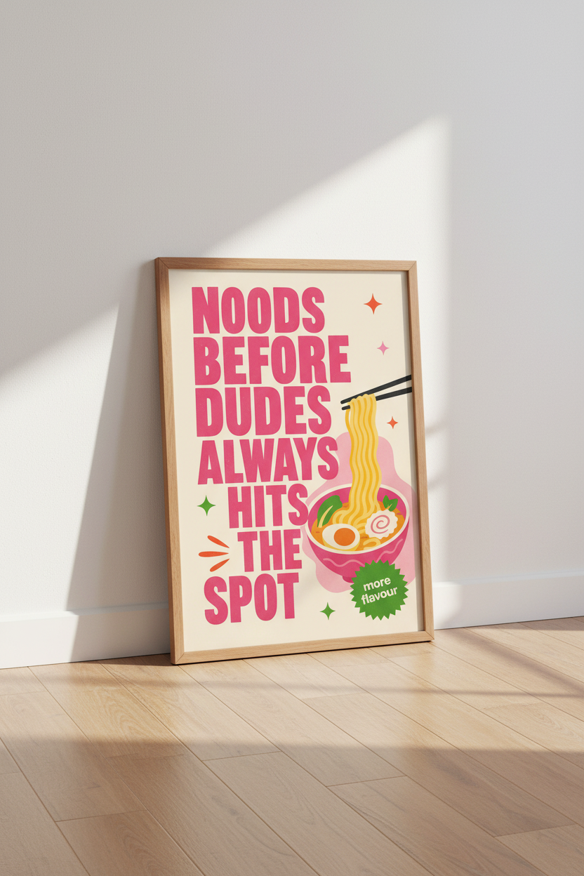 Noods Before Dudes Pink Ramen Wall Art | Funny Kitchen Decor | Retro Foodie Poster