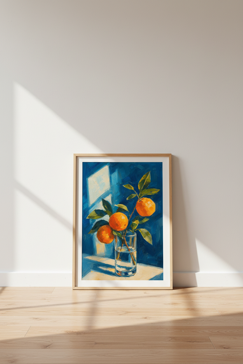Citrus Oil Painting Print | Blue & Orange Fruit Wall Art | Mediterranean Kitchen Poster