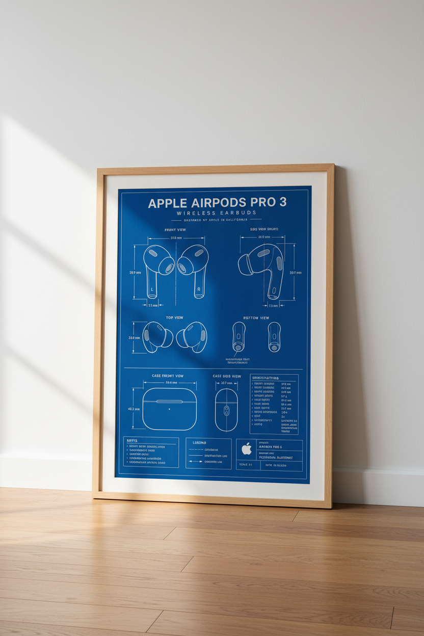 AirPods Pro 3 Blueprint Art | Tech Patent Poster, Office Wall Decor
