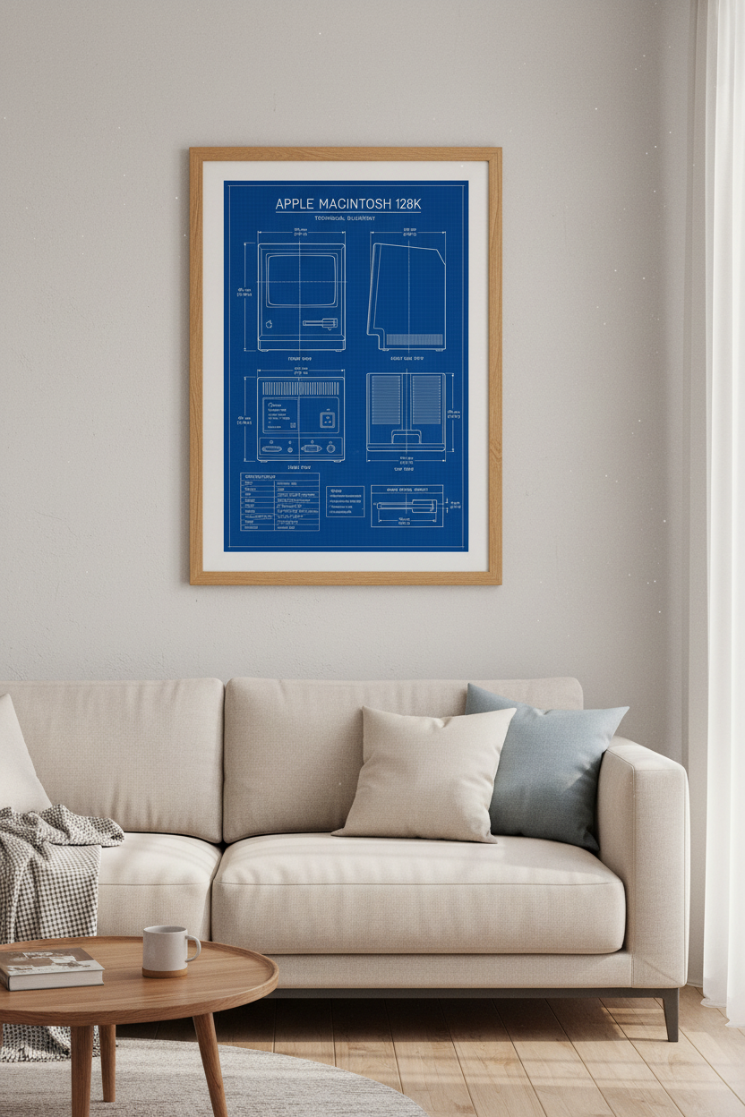 Apple Macintosh 128K Tech Blueprint Wall Art | Office Decor | Retro Tech Poster