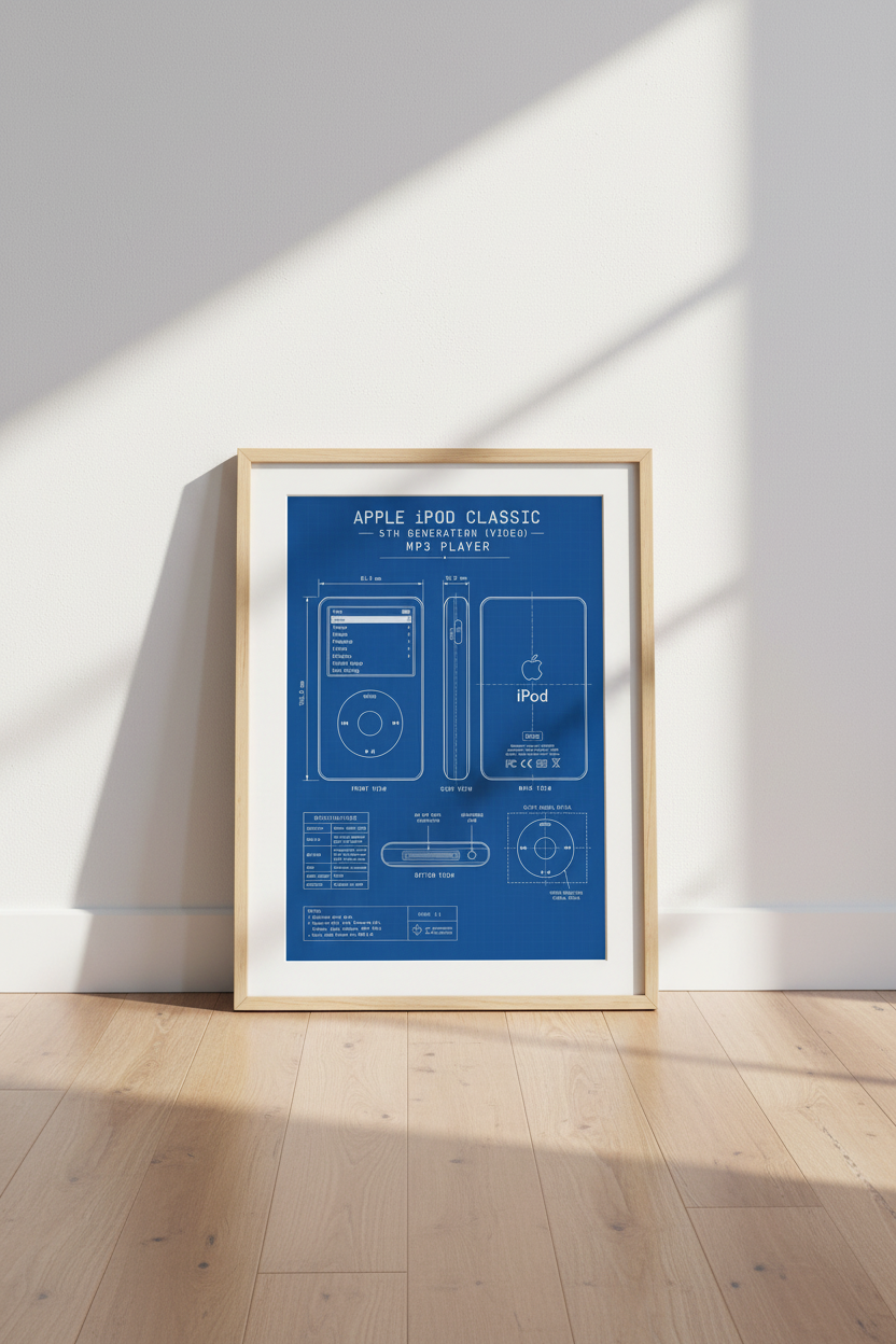 iPod Classic Blueprint Wall Art | Retro Apple Tech Poster, Office Decor