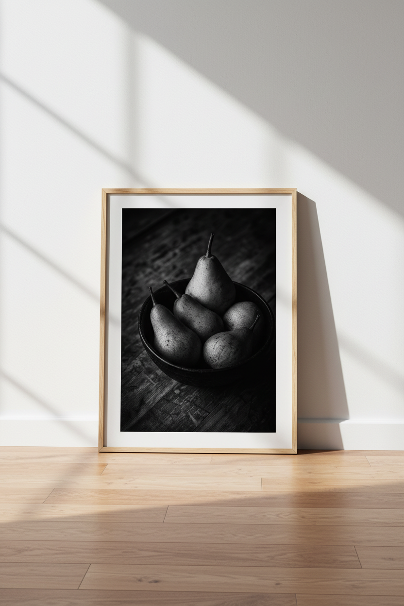 Moody Fruit Wall Art | Black and White Pear Still Life, Rustic Kitchen Decor