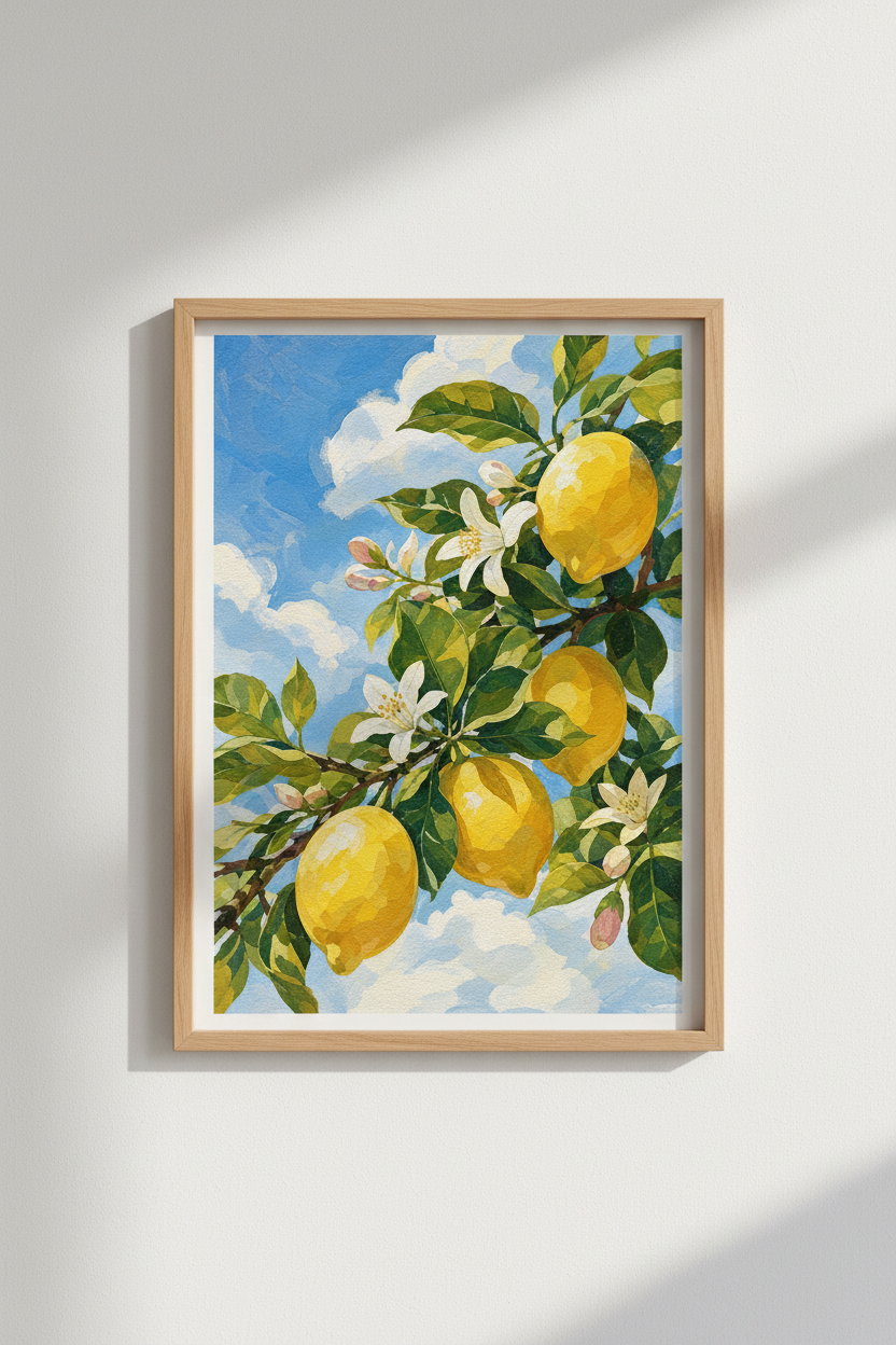 Lemon Tree Wall Art Print | Mediterranean Citrus Decor | Vibrant Blue & Yellow Poster