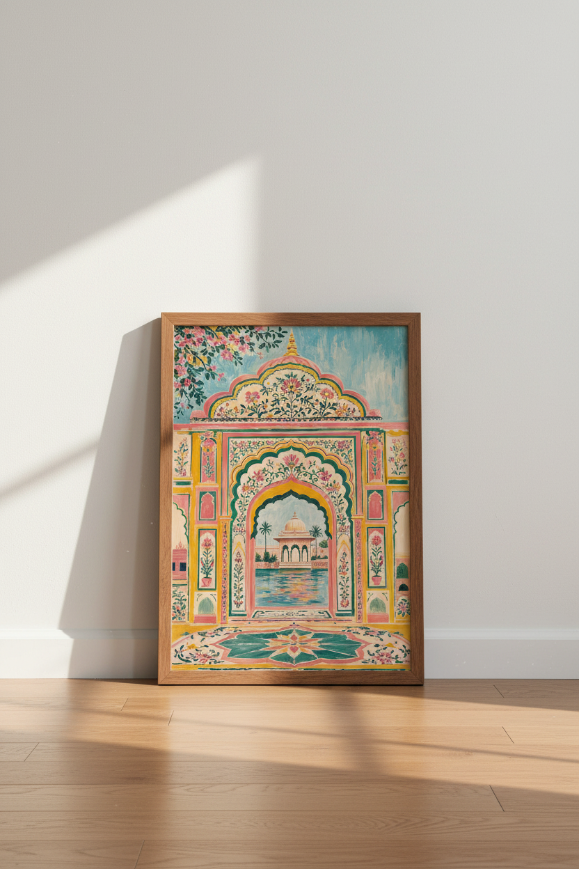 Indian Palace Arch Wall Art | Pink Teal Floral Poster, Boho Living Room Decor