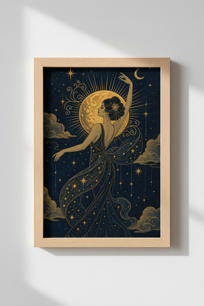 Celestial wall art | Gold moon maiden, navy night scene | Living room decor
