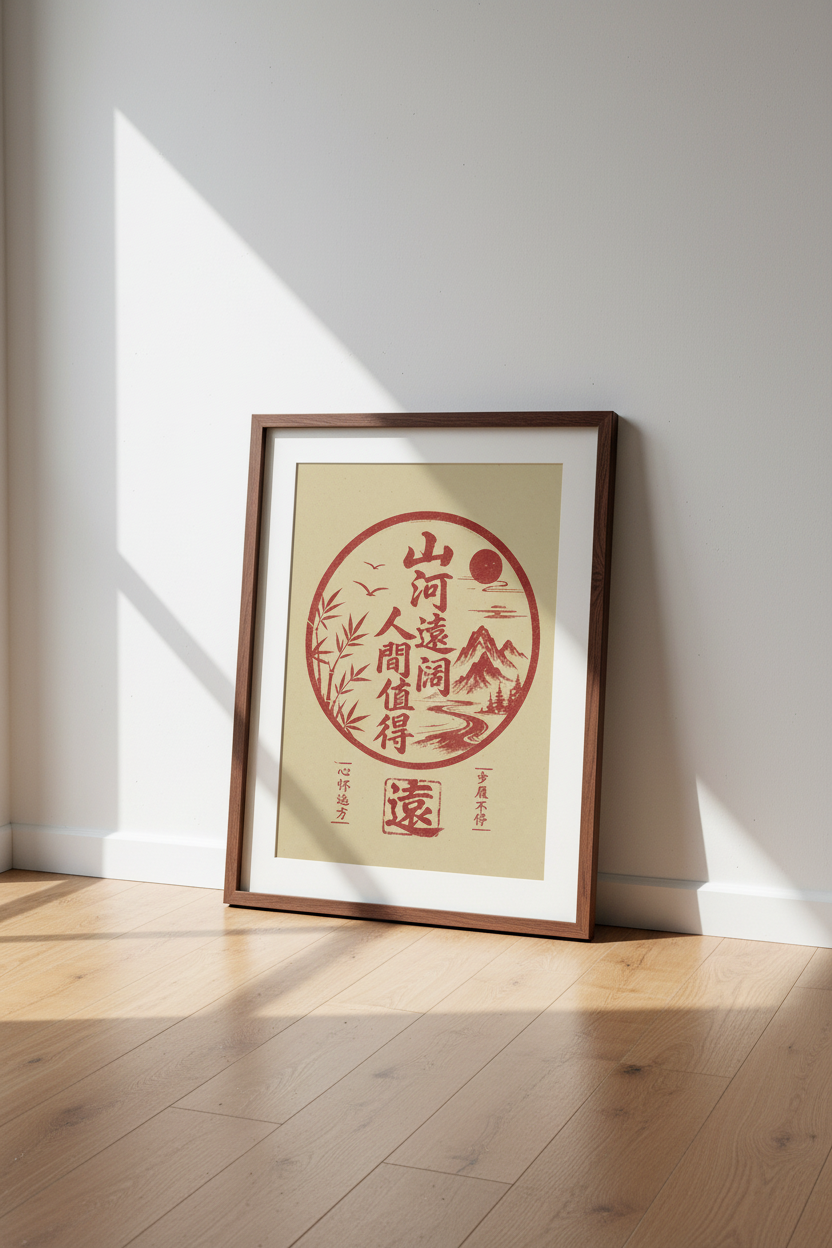 Japanese Landscape Art | Red Ink Calligraphy, Zen Home Decor Poster
