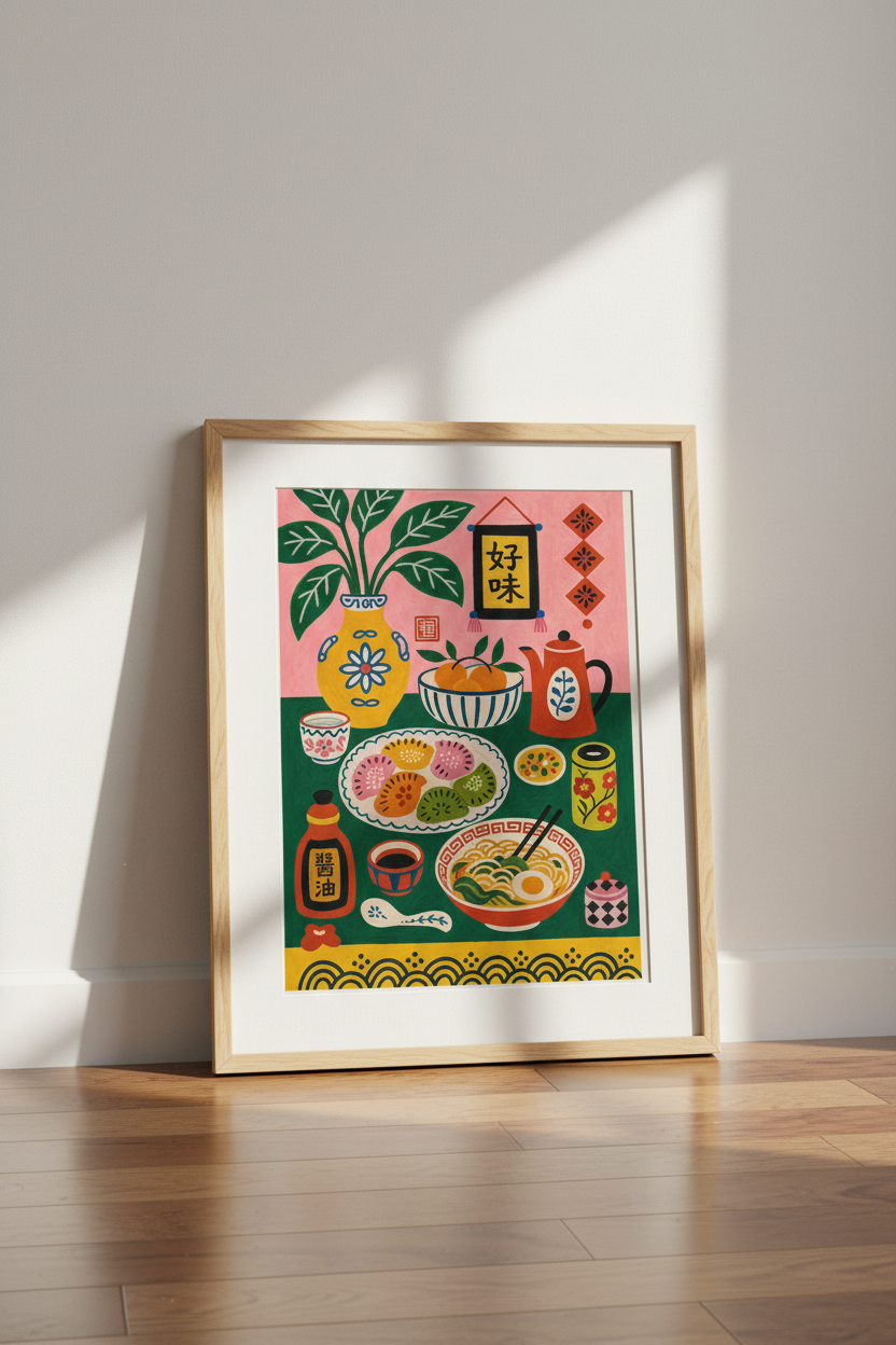 Chinese Food Still Life Wall Art | Pink Folk Art Ramen Poster, Kitchen Decor