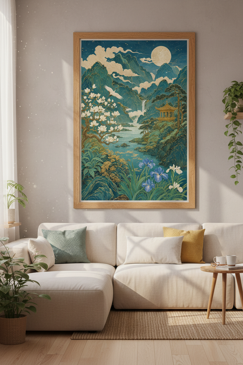 Japanese Landscape Wall Art | Teal & Gold Nature Crane Print | Zen Room Decor