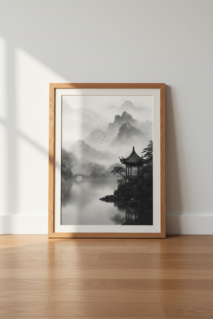 Zen Ink Wash Print | Misty Mountain Pagoda, Japanese Style Minimalist Wall Art
