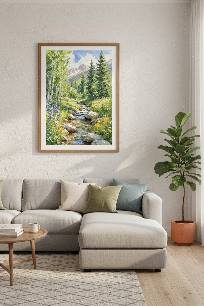 Mountain Stream Watercolor Art | Nature Landscape Print, Living Room Decor
