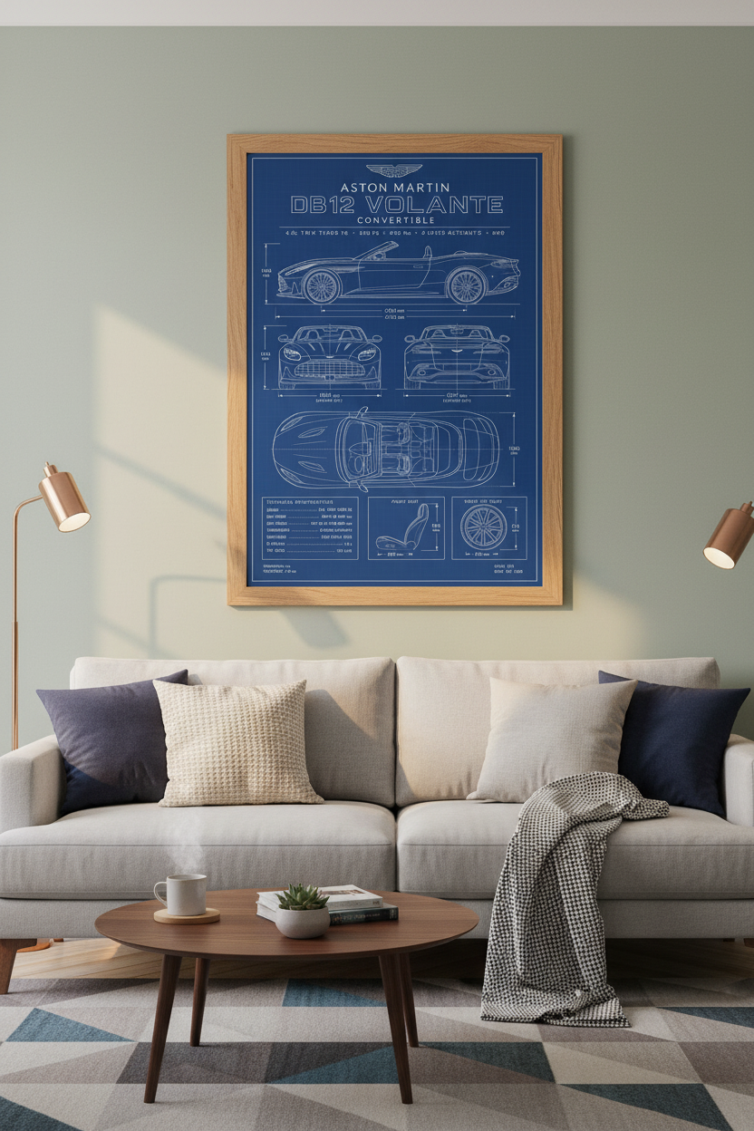 Aston Martin DB12 Volante Blueprint Wall Art | Garage Decor | Car Enthusiast Poster