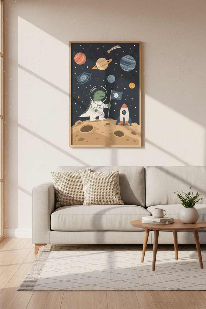 Astronaut Dinosaur Wall Art Print | Kids Nursery Decor | Cute Space Poster