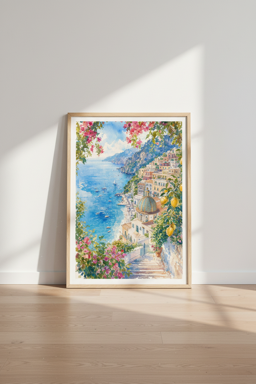 Positano Amalfi Coast Watercolor Print | Italy Travel Decor | Mediterranean Art