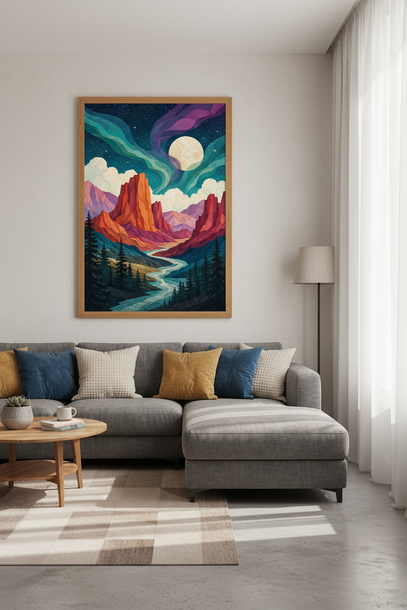 Abstract Mountain Night Wall Art | Aurora Landscape Print, Bedroom Decor
