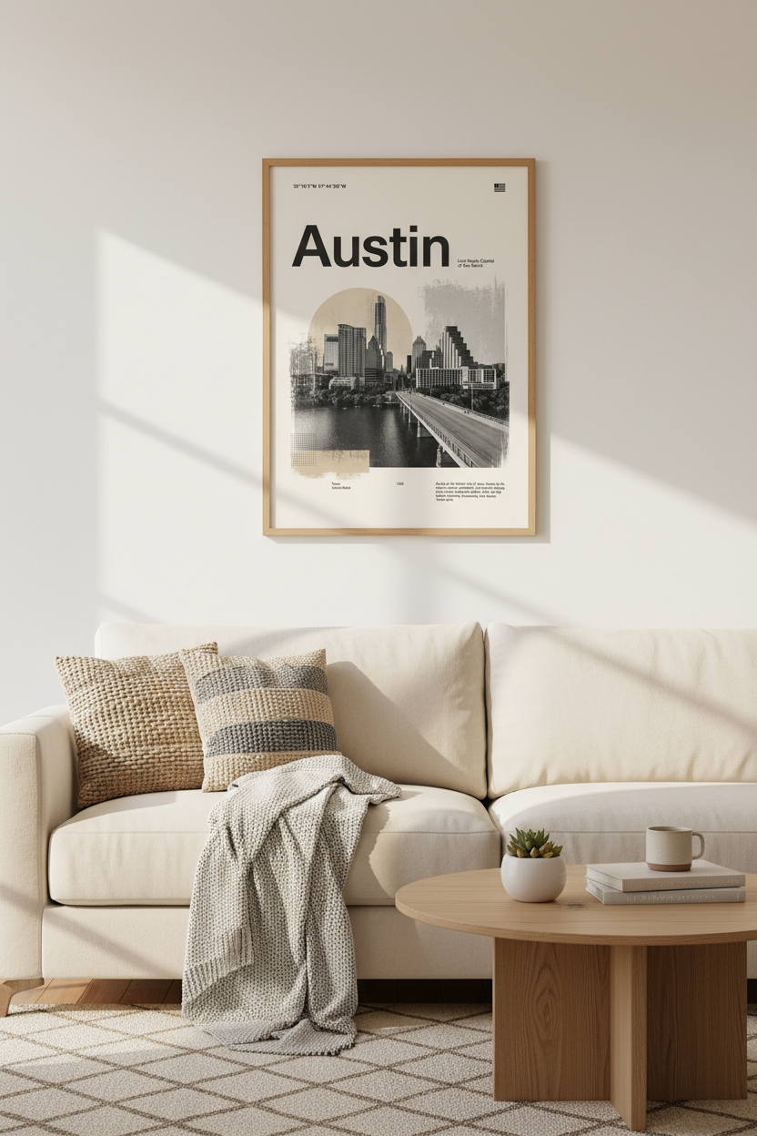 Austin Skyline Wall Art | Minimalist Texas Travel Poster, Modern Office Decor