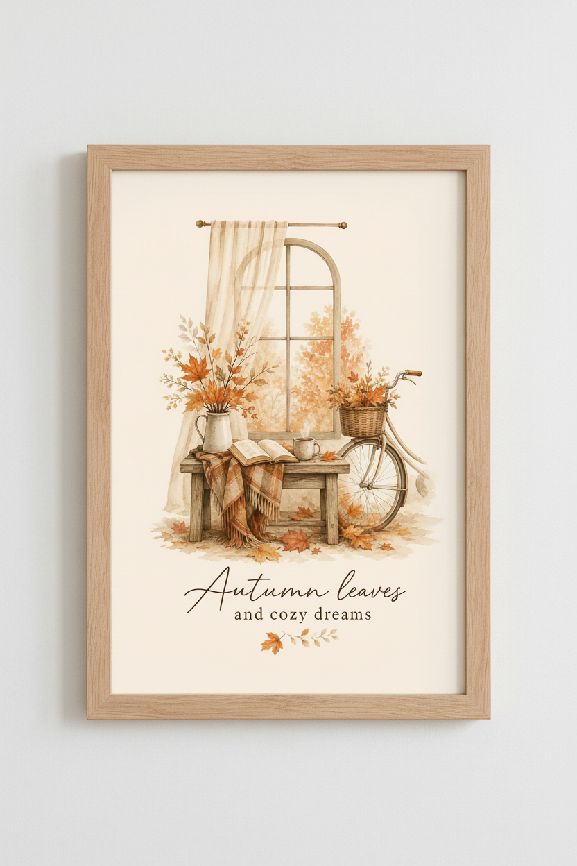 Autumn Leaves Watercolor Art | Cozy Fall Window Scene, Rustic Farmhouse Decor Poster