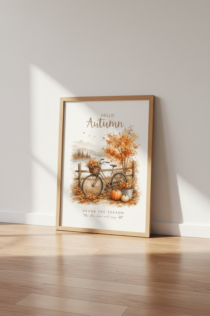 Hello Autumn Watercolor Bike Wall Art | Fall Pumpkin Decor | Rustic Season Poster