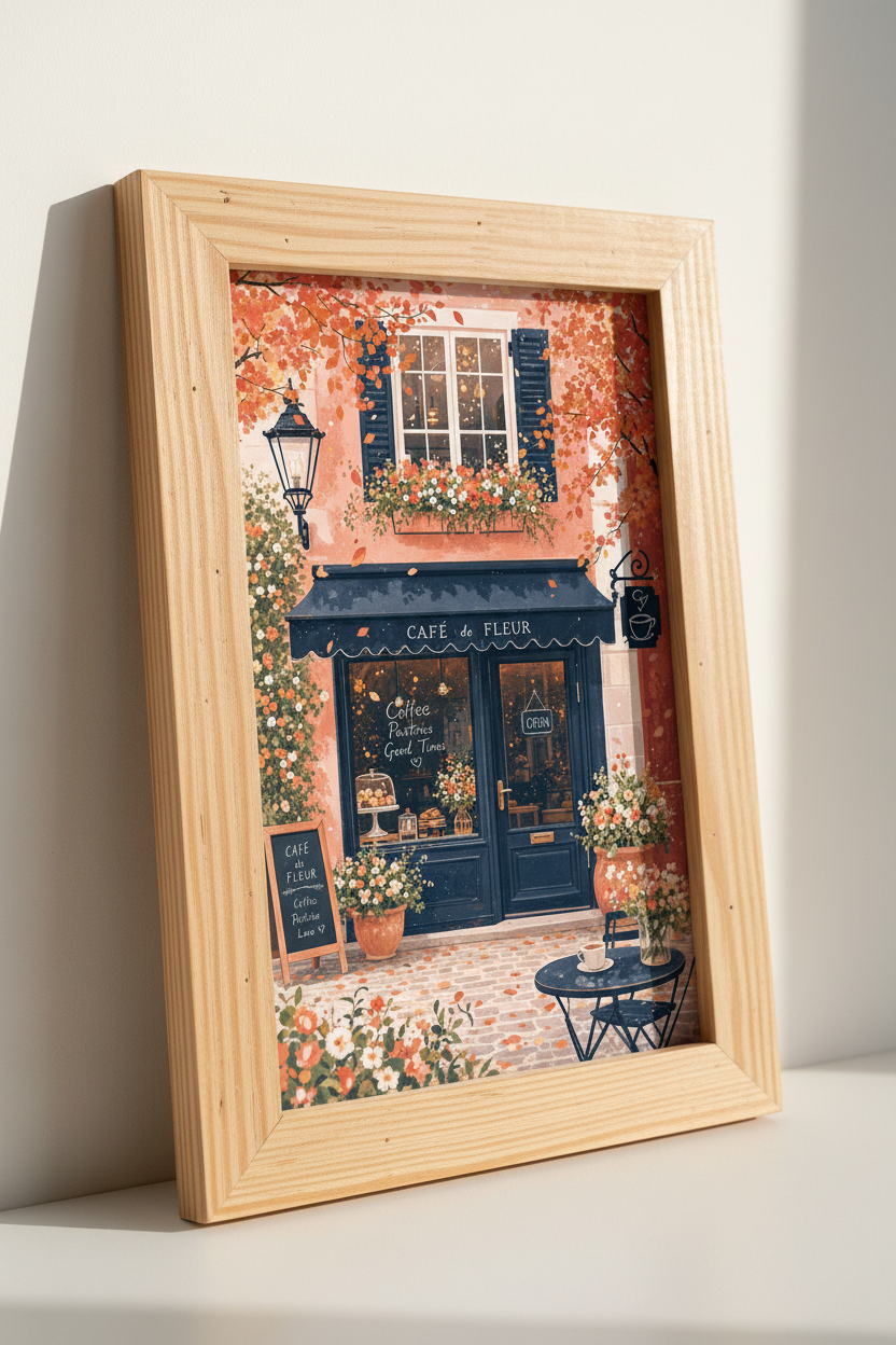 French Cafe Storefront Art | Autumn Paris Leaf Decor, Coffee Shop Poster