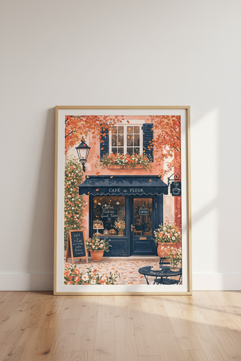 French Cafe Storefront Art | Autumn Paris Leaf Decor, Coffee Shop Poster