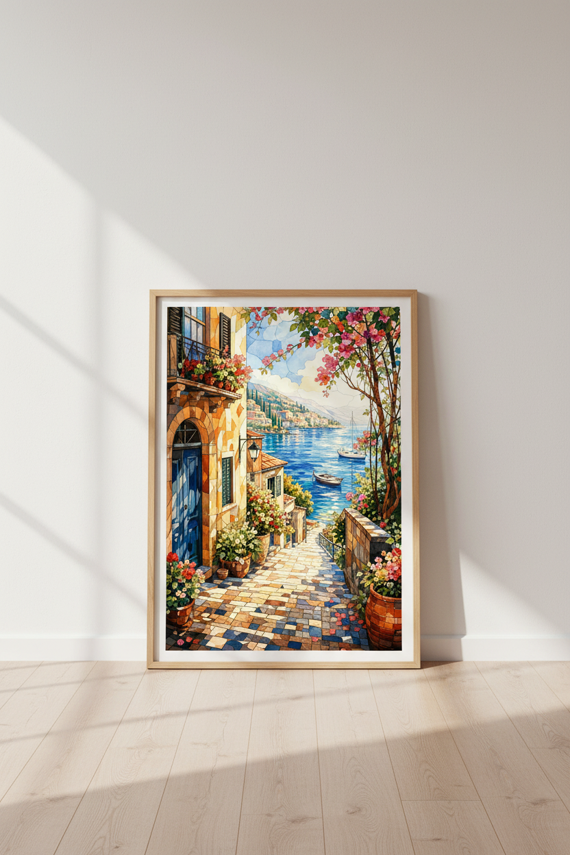 Mediterranean Village Wall Art Print | Coastal Mosaic Decor | Italian Seascape Poster