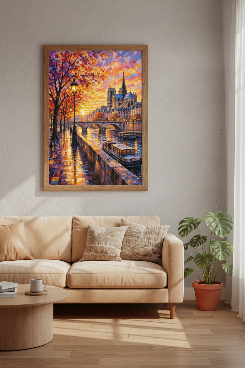 Paris Seine Sunset Wall Art | Mosaic Stained Glass Print, Living Room Decor