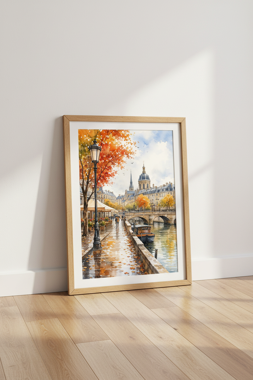 Paris Autumn Canal | Watercolor Cityscape Art, Living Room Travel Poster