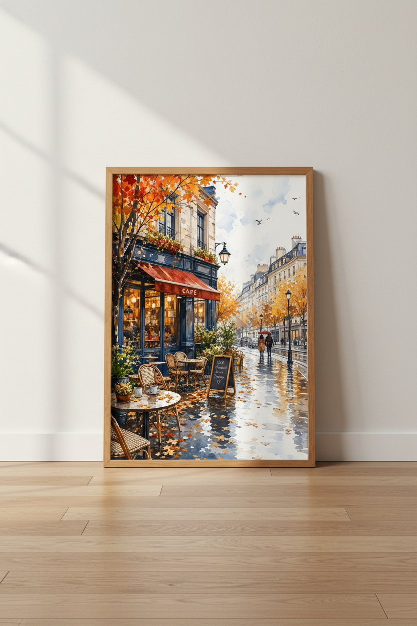 Paris Cafe Watercolor Art | Autumn French Street Poster, Living Room Decor